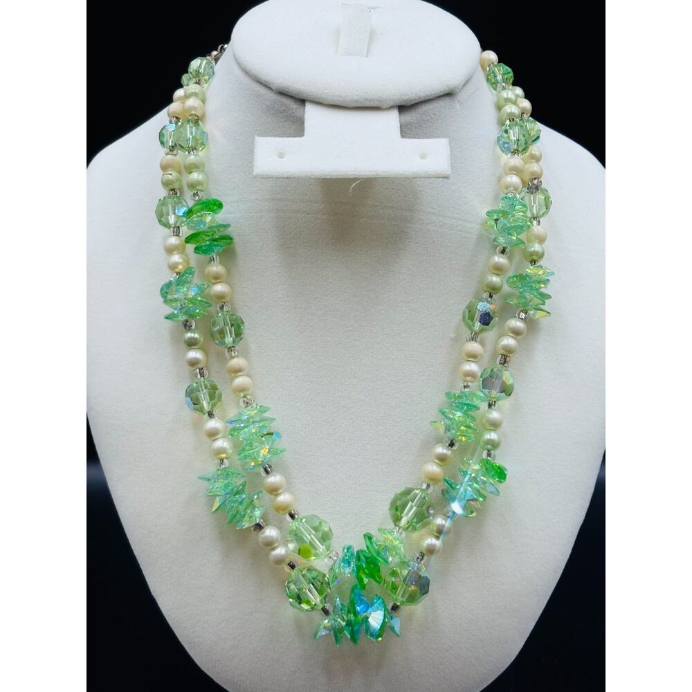 Vintage Green Czech Glass Necklace AB Crystal Faux Pearl Beads Some Uranium Bead